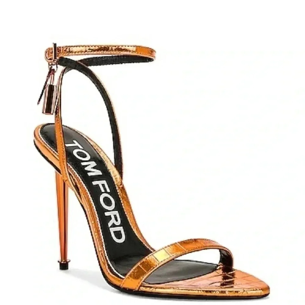 TOM FORD Metallic Stamped Croc Padlock Pointy Naked 105 Sandal